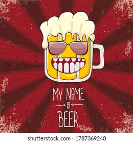vector cartoon funky fresh beer glass character isolated on red grunge background with rays.vector beer comic label or poster design template. my name is beer or happy friday concept illustration