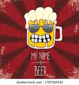 vector cartoon funky fresh beer glass character isolated on red grunge background with rays.vector beer comic label or poster design template. my name is beer or happy friday concept illustration