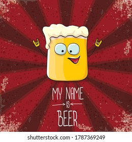 vector cartoon funky fresh beer glass character isolated on red grunge background with rays.vector beer comic label or poster design template. my name is beer or happy friday concept illustration