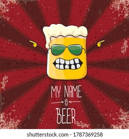 vector cartoon funky fresh beer glass character isolated on red grunge background with rays.vector beer comic label or poster design template. my name is beer or happy friday concept illustration