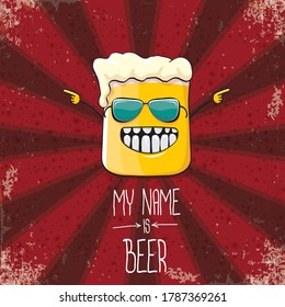 vector cartoon funky fresh beer glass character isolated on red grunge background with rays.vector beer comic label or poster design template. my name is beer or happy friday concept illustration
