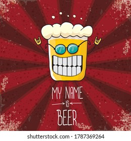 vector cartoon funky fresh beer glass character isolated on red grunge background with rays.vector beer comic label or poster design template. my name is beer or happy friday concept illustration