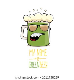 vector cartoon funky green beer glass character with isolated on white background. vector beer label or poster design template. my name is green beer or happy st. patricks day concept illustration