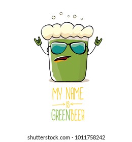 vector cartoon funky green beer glass character with isolated on white background. vector beer label or poster design template. my name is green beer or happy st. patricks day concept illustration
