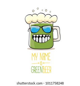 vector cartoon funky green beer glass character with isolated on white background. vector beer label or poster design template. my name is green beer or happy st. patricks day concept illustration