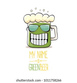 vector cartoon funky green beer glass character with isolated on white background. vector beer label or poster design template. my name is green beer or happy st. patricks day concept illustration