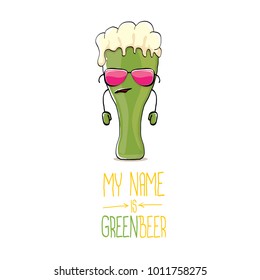 vector cartoon funky green beer glass character with isolated on white background. vector beer label or poster design template. my name is green beer or happy st. patricks day concept illustration