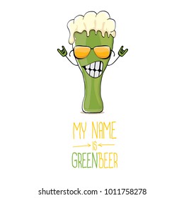 vector cartoon funky green beer glass character with isolated on white background. vector beer label or poster design template. my name is green beer or happy st. patricks day concept illustration