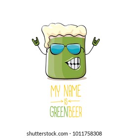 vector cartoon funky green beer glass character with isolated on white background. vector beer label or poster design template. my name is green beer or happy st. patricks day concept illustration