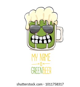 vector cartoon funky green beer glass character with isolated on white background. vector beer label or poster design template. my name is green beer or happy st. patricks day concept illustration