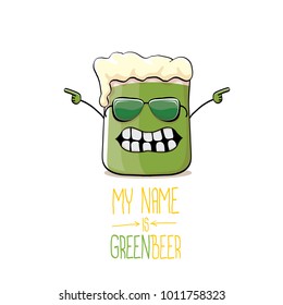 vector cartoon funky green beer glass character with isolated on white background. vector beer label or poster design template. my name is green beer or happy st. patricks day concept illustration