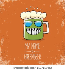 vector cartoon funky green beer glass character with isolated on orange background. vector beer label or poster design template. my name is green beer or happy st. patricks day concept illustration