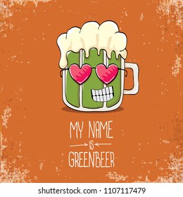 vector cartoon funky green beer glass character with isolated on orange background. vector beer label or poster design template. my name is green beer or happy st. patricks day concept illustration