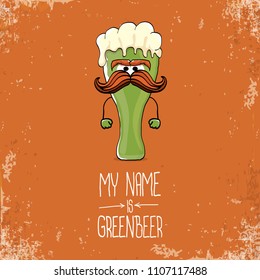 vector cartoon funky green beer glass character with isolated on orange background. vector beer label or poster design template. my name is green beer or happy st. patricks day concept illustration
