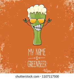 vector cartoon funky green beer glass character with isolated on orange background. vector beer label or poster design template. my name is green beer or happy st. patricks day concept illustration