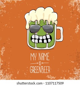 vector cartoon funky green beer glass character with isolated on orange background. vector beer label or poster design template. my name is green beer or happy st. patricks day concept illustration