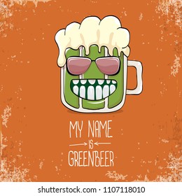 vector cartoon funky green beer glass character with isolated on orange background. vector beer label or poster design template. my name is green beer or happy st. patricks day concept illustration