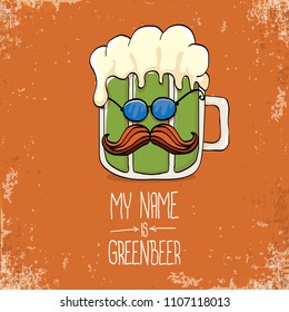 vector cartoon funky green beer glass character with isolated on orange background. vector beer label or poster design template. my name is green beer or happy st. patricks day concept illustration