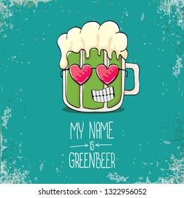 vector cartoon funky green beer glass character with isolated on azure background. vector beer label or poster design template. my name is green beer or happy st. patricks day concept illustration 