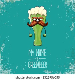 vector cartoon funky green beer glass character with isolated on azure background. vector beer label or poster design template. my name is green beer or happy st. patricks day concept illustration 