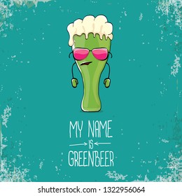 vector cartoon funky green beer glass character with isolated on azure background. vector beer label or poster design template. my name is green beer or happy st. patricks day concept illustration 