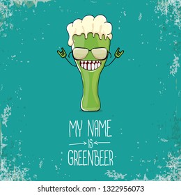 vector cartoon funky green beer glass character with isolated on azure background. vector beer label or poster design template. my name is green beer or happy st. patricks day concept illustration 