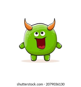 Vector cartoon funky green monster with horn isolated on white background. Smiling silly green monster print sticker design template. Ghost, troll, gremlin, goblin, devil and monster