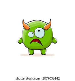 Monstruo verde funky de la caricatura vectorial con cuerno aislado en fondo blanco. Plantilla de diseño de pegatinas de impresión de monstruo verde y sonriente. Fantasma, troll, gavilina, goblin, diablo y monstruo