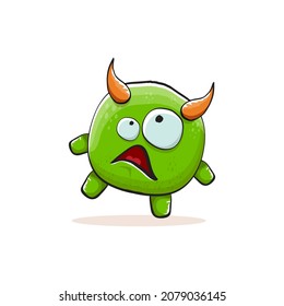 Vector cartoon funky green monster with horn isolated on white background. Smiling silly green monster print sticker design template. Ghost, troll, gremlin, goblin, devil and monster