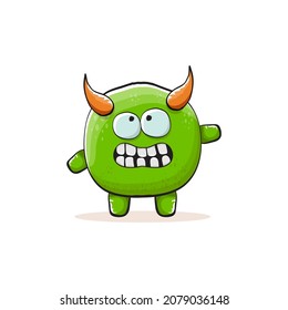 Vector cartoon funky green monster with horn isolated on white background. Smiling silly green monster print sticker design template. Ghost, troll, gremlin, goblin, devil and monster