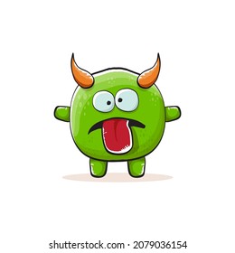 Vector cartoon funky green monster with horn isolated on white background. Smiling silly green monster print sticker design template. Ghost, troll, gremlin, goblin, devil and monster