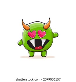 Vector cartoon funky green monster with horn isolated on white background. Smiling silly green monster print sticker design template. Ghost, troll, gremlin, goblin, devil and monster