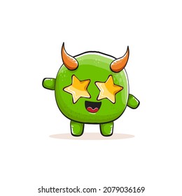 Vector cartoon funky green monster with horn isolated on white background. Smiling silly green monster print sticker design template. Ghost, troll, gremlin, goblin, devil and monster