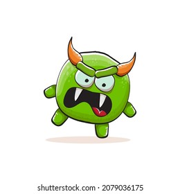 Vector cartoon funky green monster with horn isolated on white background. Smiling silly green monster print sticker design template. Ghost, troll, gremlin, goblin, devil and monster