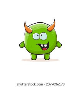 Vector cartoon funky green monster with horn isolated on white background. Smiling silly green monster print sticker design template. Ghost, troll, gremlin, goblin, devil and monster