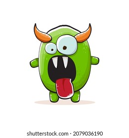 Vector cartoon funky green monster with horn isolated on white background. Smiling silly green monster print sticker design template. Ghost, troll, gremlin, goblin, devil and monster