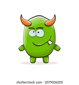 Vector cartoon funky green monster with horn isolated on white background. Smiling silly green monster print sticker design template. Ghost, troll, gremlin, goblin, devil and monster