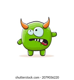 Vector cartoon funky green monster with horn isolated on white background. Smiling silly green monster print sticker design template. Ghost, troll, gremlin, goblin, devil and monster