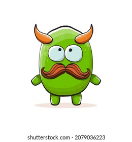 Vector cartoon funky green monster with horn isolated on white background. Smiling silly green monster print sticker design template. Ghost, troll, gremlin, goblin, devil and monster