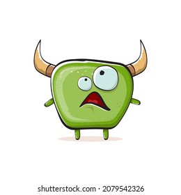 Vector cartoon funky green monster with horn isolated on white background. Smiling silly green monster print sticker design template. Ghost, troll, gremlin, goblin, devil and monster