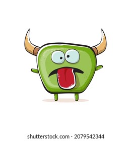 Vector cartoon funky green monster with horn isolated on white background. Smiling silly green monster print sticker design template. Ghost, troll, gremlin, goblin, devil and monster