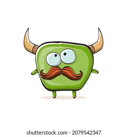 Vector cartoon funky green monster with horn isolated on white background. Smiling silly green monster print sticker design template. Ghost, troll, gremlin, goblin, devil and monster