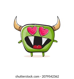 Vector cartoon funky green monster with horn isolated on white background. Smiling silly green monster print sticker design template. Ghost, troll, gremlin, goblin, devil and monster