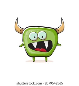 Vector cartoon funky green monster with horn isolated on white background. Smiling silly green monster print sticker design template. Ghost, troll, gremlin, goblin, devil and monster