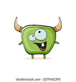 Vector cartoon funky green monster with horn isolated on white background. Smiling silly green monster print sticker design template. Ghost, troll, gremlin, goblin, devil and monster