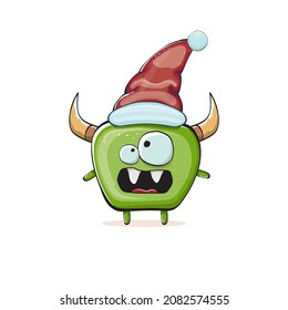 Vector cartoon funky green monster with Santa Claus red hat isolated on white background. Childrens Merry Christmas greeting card with funny monster elf Santa Claus.