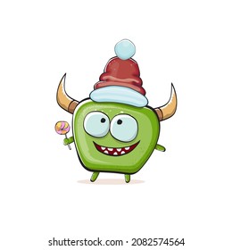 Vector cartoon funky green monster with Santa Claus red hat isolated on white background. Childrens Merry Christmas greeting card with funny monster elf Santa Claus.
