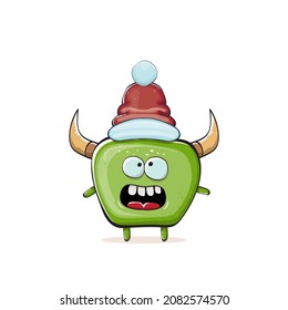 Vector cartoon funky green monster with Santa Claus red hat isolated on white background. Childrens Merry Christmas greeting card with funny monster elf Santa Claus.