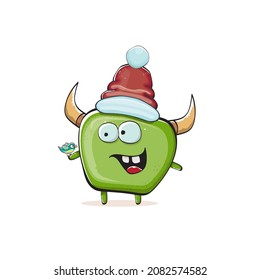 Vector cartoon funky green monster with Santa Claus red hat isolated on white background. Childrens Merry Christmas greeting card with funny monster elf Santa Claus.
