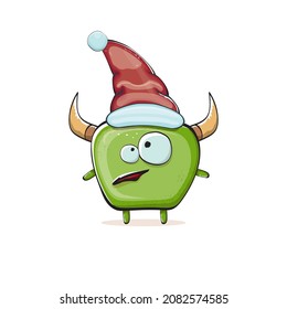 Caricatura vectorial monstruo verde funky con sombrero rojo de Santa Claus aislado de fondo blanco. Niños Feliz tarjeta de felicitación navideña con el extraño elfo monstruo de Santa Claus.